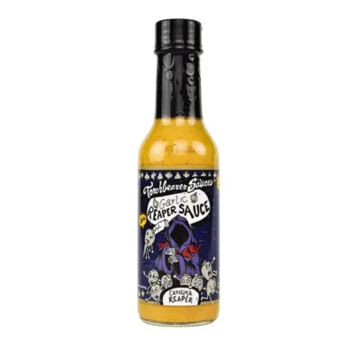A bottle of the Carolina Reaper pepper Garlic Reaper hot sauce