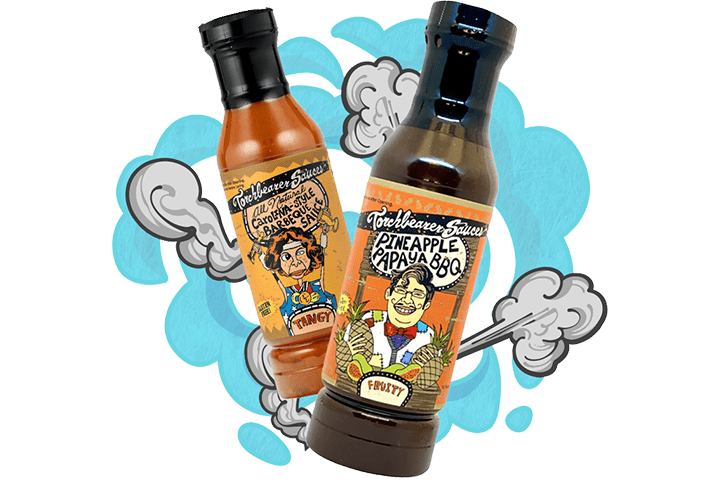 two BBQ sauces in a graphic with smoke coming out of them