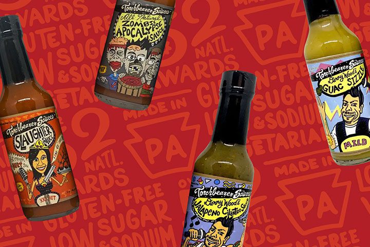 a graphic of Danny Woods green hot sauce bottles